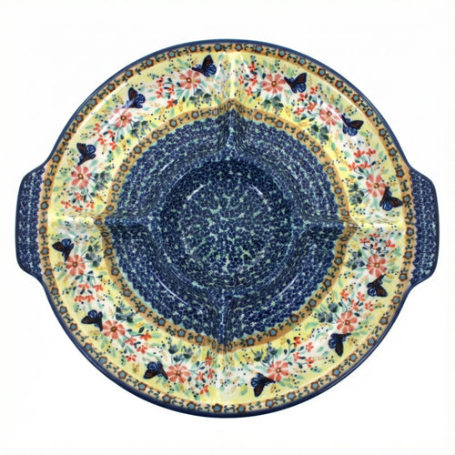 Polish Pottery Overhead Shot Blue Butterfly Chip & Dip Plate