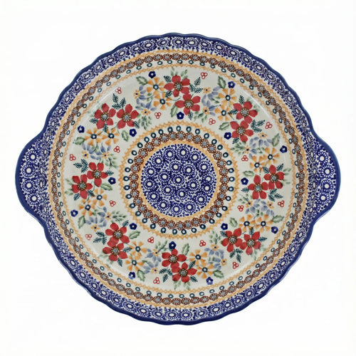 Polish Pottery Overhead Shot Red Daisy Pie Plate with Handles