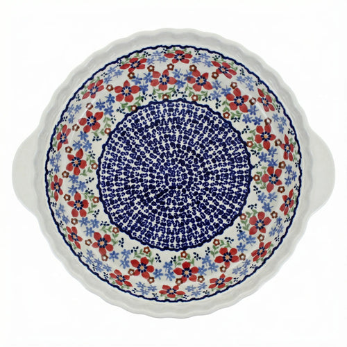 Polish Pottery Overhead Shot Red Poppy Pie Plate With Handles