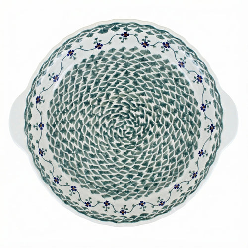 Polish Pottery Overhead Shot Sage Floral Pie Plate with Handles