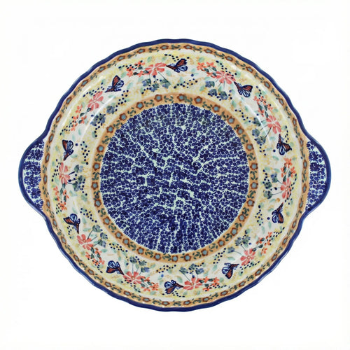 Polish Pottery Overhead Shot Blue Butterfly Pie Plate with Handles