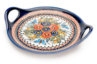 Floral Butterfly Round Serving Tray with Handles Polish Pottery