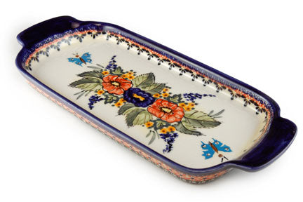 Floral Butterfly Bread Tray with Handles Polish Pottery