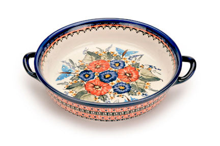 Floral Butterfly Round Casserole with Handles Polish Pottery