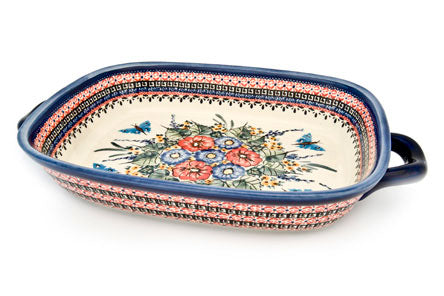 Floral Butterfly Large Baker with Handles Polish Pottery