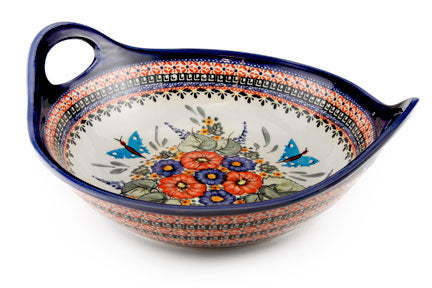 Floral Butterfly Deep Bowl with Handles Polish Pottery