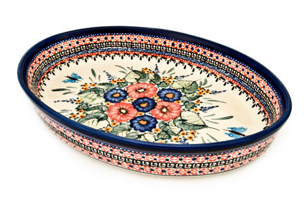 Floral Butterfly Small Oval Baker Polish Pottery