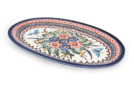 Floral Butterfly Large Oval Platter Polish Pottery