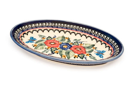 Floral Butterfly Small Oval Platter Polish Pottery