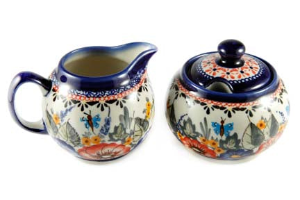 Floral Butterfly Cream & Sugar Set Polish Pottery