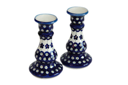 Flowering Peacock Candlestick Pair Polish Pottery