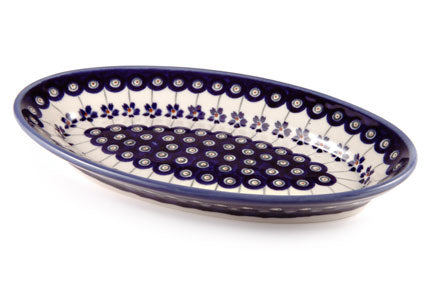 Flowering Peacock Small Oval Platter Polish Pottery