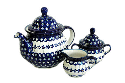 Flowering Peacock Three Piece Tea Set Polish Pottery