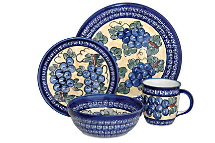 Grapes 16 Piece Dinner Set with Cobalt Trim Polish Pottery
