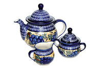 Grapes Three Piece Tea Set with Cobalt Trim Polish Pottery