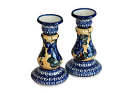 Grapes Candlestick Pair with Cobalt Trim Polish Pottery