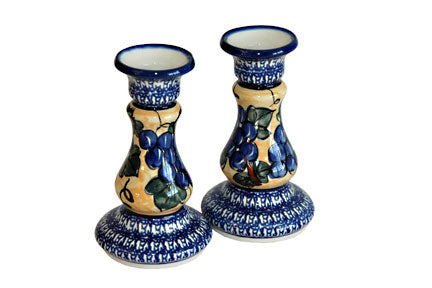 Grapes Candlestick Pair with Cobalt Trim Polish Pottery