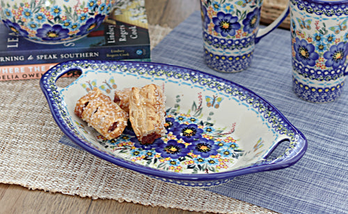 Garden of Blue Bread Tray with Handles Polish Pottery