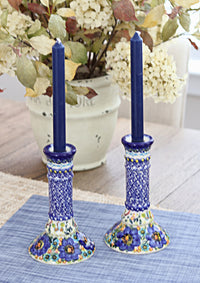 Garden of Blue Candlestick Pair Polish Pottery