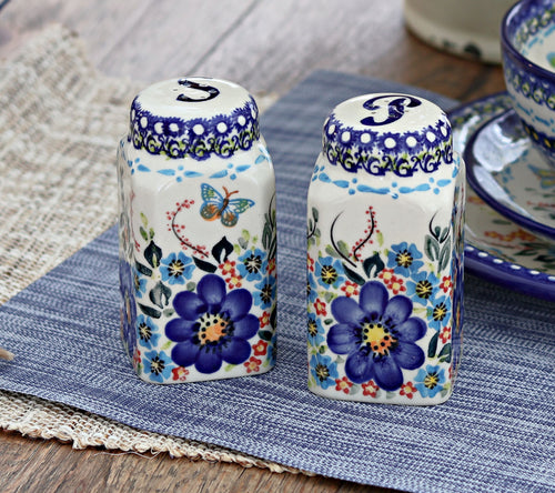 Garden of Blue Salt & Pepper Shakers Polish Pottery