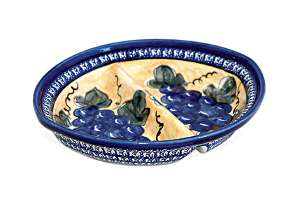 Grapes Large Divided Dish with Cobalt Trim Polish Pottery