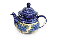 Grapes Large Teapot with Cobalt Rim Polish Pottery