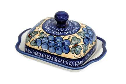 Grapes Square Butter Dish with Cobalt Trim Polish Pottery