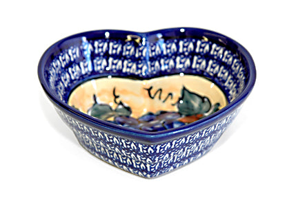 Grapes Small Heart Bowl with Cobalt Rim Polish Pottery