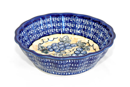 Grapes Large Scallop Bowl with Cobalt Trim Polish Pottery