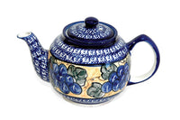 Grapes Medium Teapot with Cobalt Trim Polish Pottery