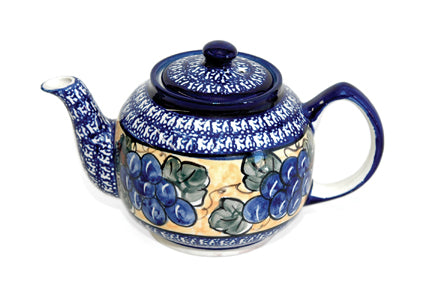Grapes Medium Teapot with Cobalt Trim Polish Pottery