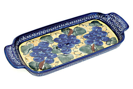 Grapes Bread Tray with Cobalt Trim with Handles Polish Pottery