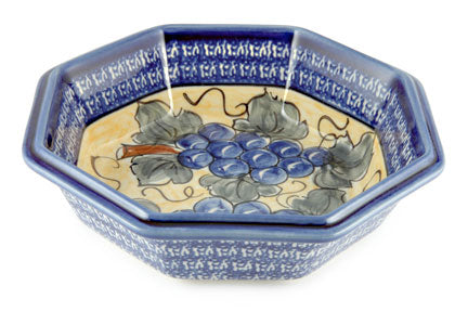 Grapes Large Octagonal Bowl Polish Pottery