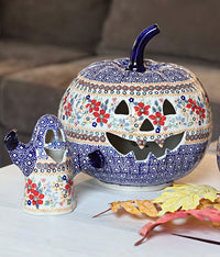 Red Daisy Large Pumpkin Luminary Polish Pottery