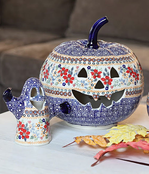 Red Daisy Large Pumpkin Luminary Polish Pottery