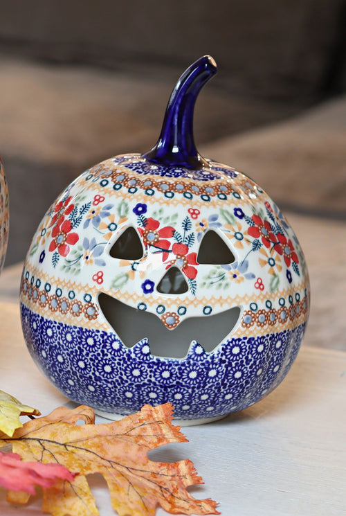 Red Daisy Small Pumpkin Luminary Polish Pottery