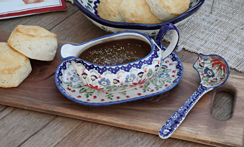Jungle Bouquet Gravy Boat & Ladle Polish Pottery