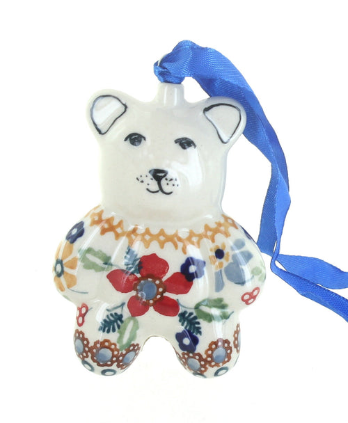 Polish Pottery Red Daisy Teddy Bear Ornament