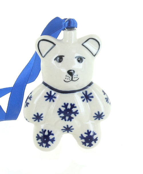 Polish Pottery Snow Flurry Teddy Bear Ornament