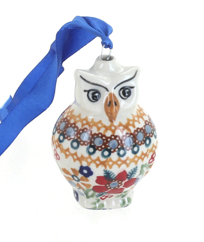 Polish Pottery Red Daisy Owl Ornament