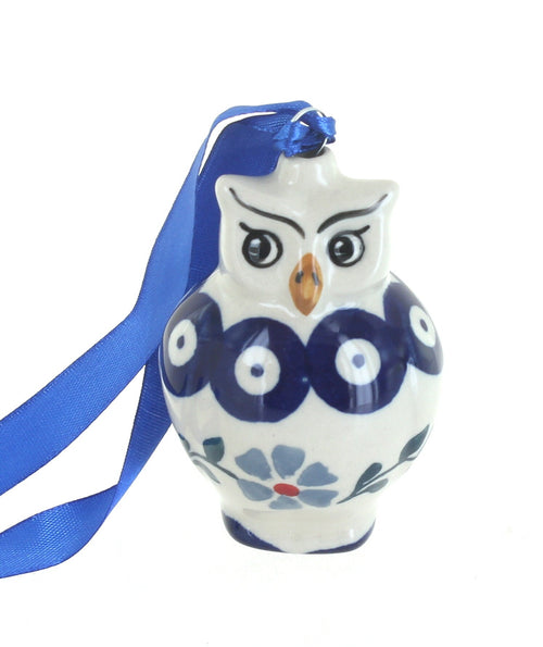 Polish Pottery Blue Violet Owl Ornament