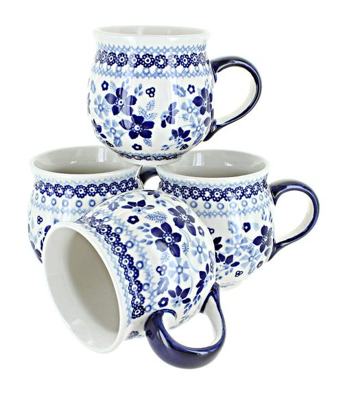 Polish Pottery Vintage Blue Daisy 4 Piece Bubble Mug Set