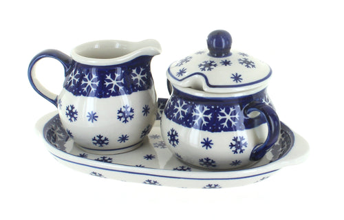 Polish Pottery Snow Flurry Sugar & Creamer with Tray