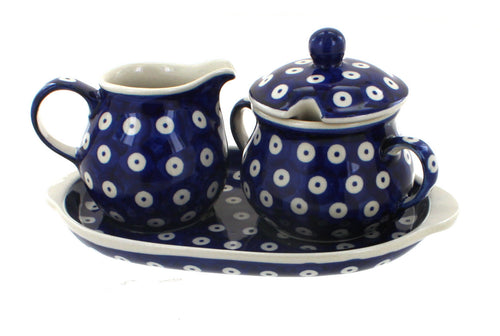 Polish Pottery Dots Sugar & Creamer with Tray