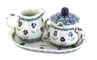 Polish Pottery Blue Daisy Sugar & Creamer with Tray