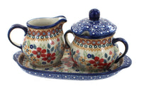 Polish Pottery Red Daisy Sugar & Creamer with Tray