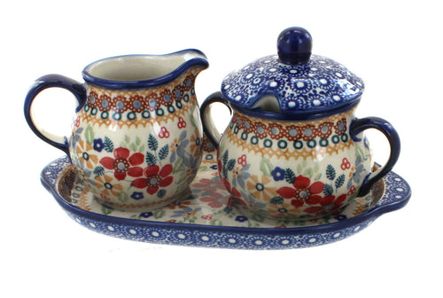 Polish Pottery Red Daisy Sugar & Creamer with Tray