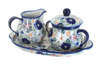 Polish Pottery Carnival Sugar & Creamer with Tray