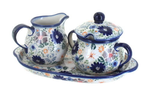Polish Pottery Carnival Sugar & Creamer with Tray