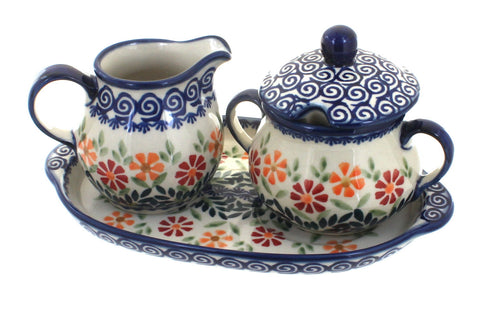 Polish Pottery Garden Bouquet Sugar & Creamer with Tray